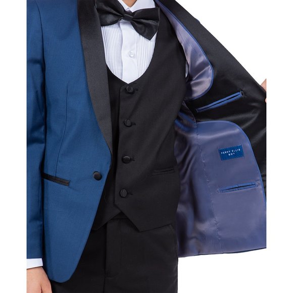Perry Ellis Boys Indigo Tuxedo Set, Solid 5-Piece Black Shawl Collar - Picture 6 of 6